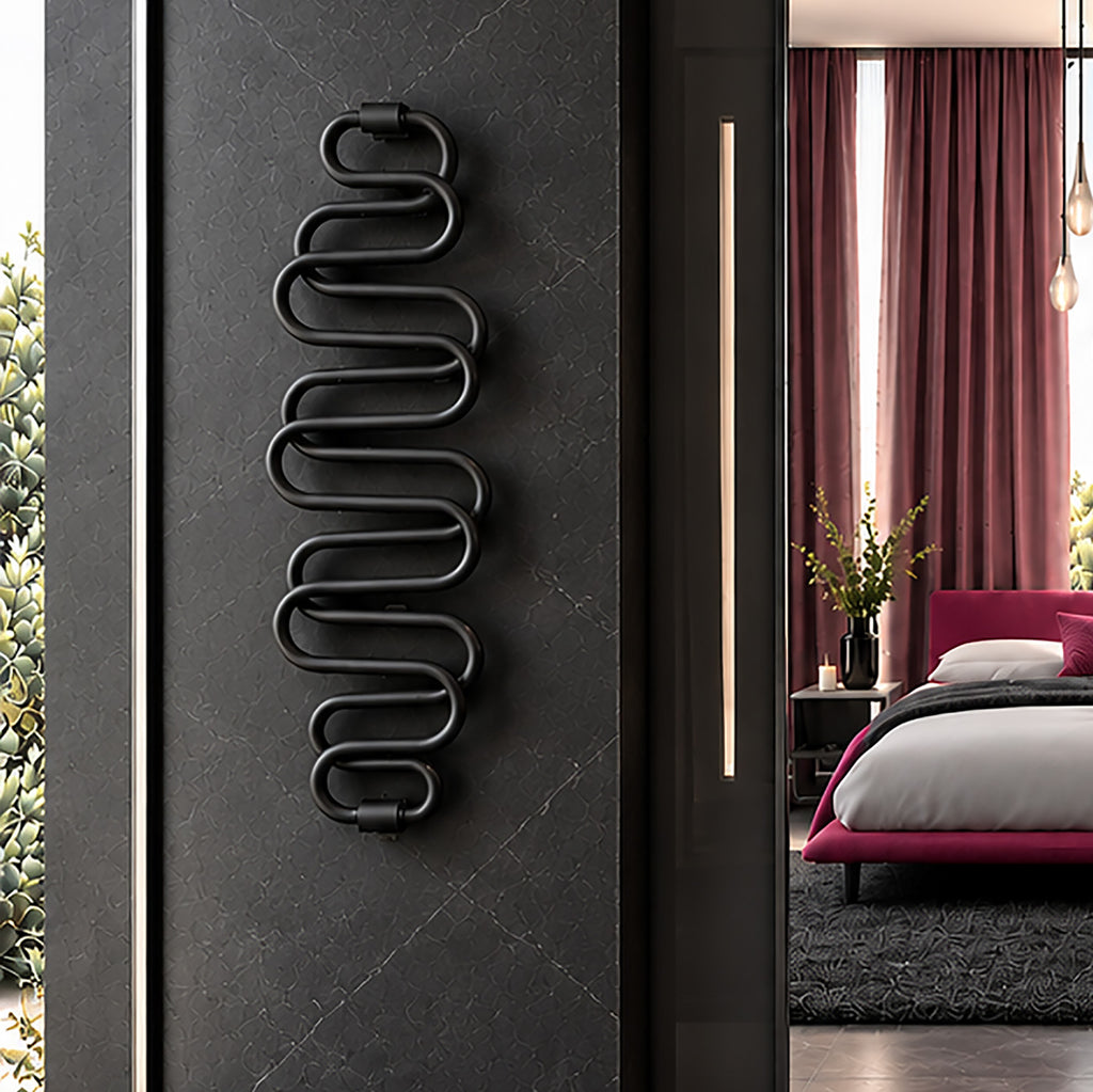 Terma PERLA E, 1360h x 500w(mm), 284w Dry Electric Towel Rail (with heating wire), RAL 9005 Matt Black (simple on/off button, no timer/no drying func.)