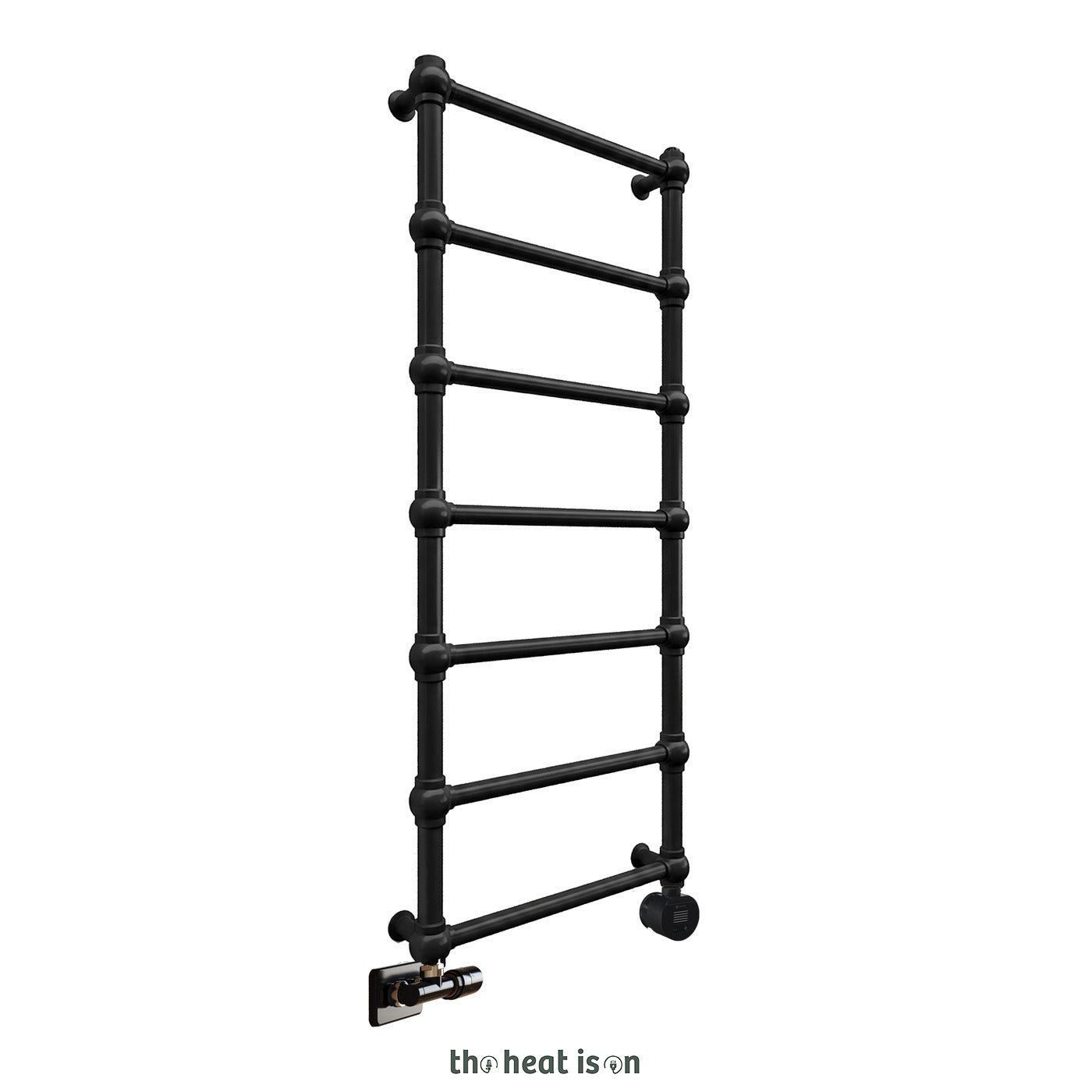 Terma RETRO Dual Fuel Towel Rail, 1170h x 504w(mm), 1051 BTUs/ 300w, Matt Black RAL 9005 (with UNICO Dual Fuel Valve in Matt Black & VEO Black/Black Wi-Fi Element, 30-60°c)