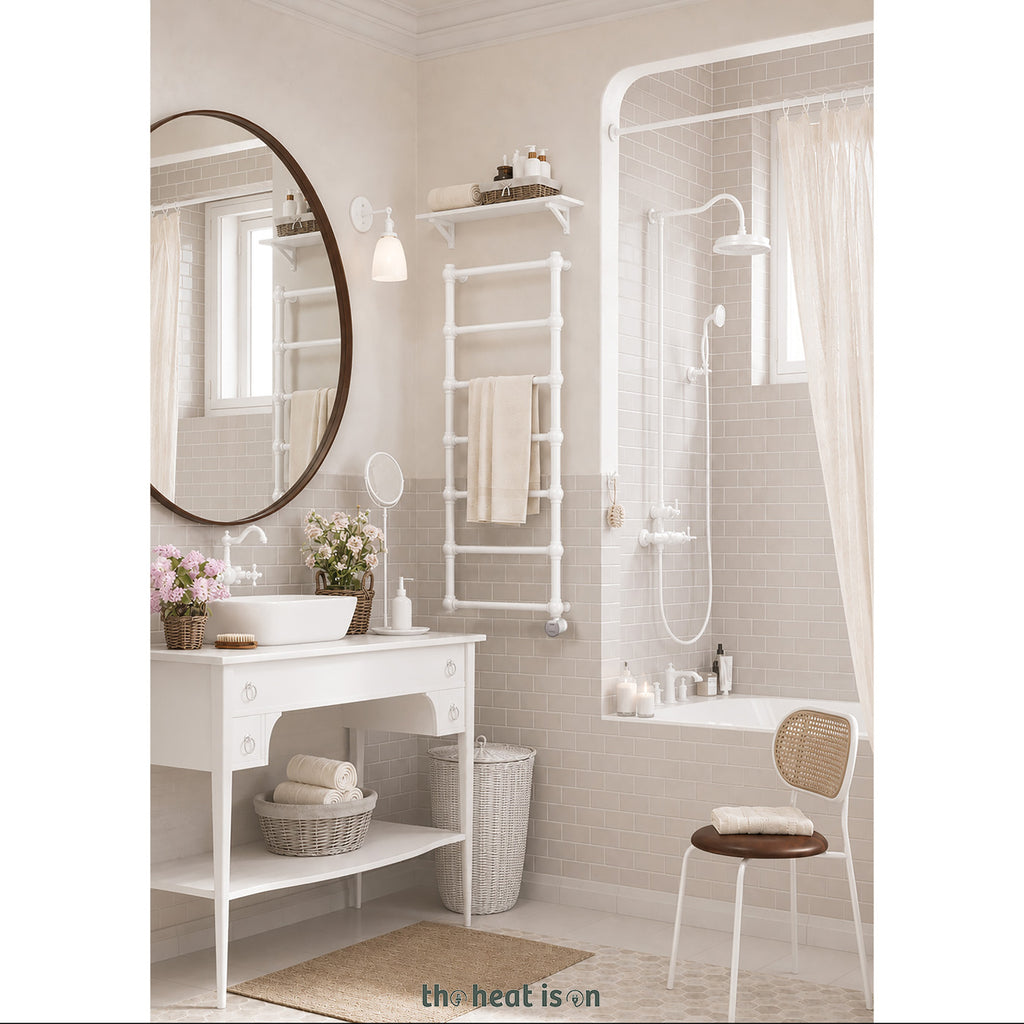 Terma RETRO E, 1170h x 504w(mm), 300w Oil Filled Electric Towel Rail, Matt White RAL 9016  with VEO Heating Element (30x Wi-Fi/manual control settings (15 to 30¡c room temp.), 7 day timer/2 hour drying func., with UK Plug