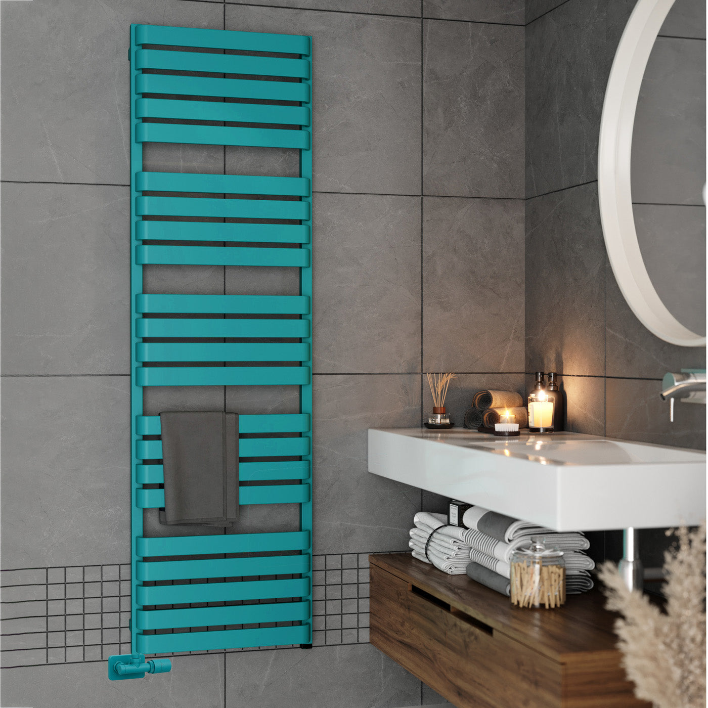 03-terma-warp-t-one-dual-fuel-towel-rail-1695Xh-x-500wmm-2887-btus-800w-matt-teal-ral-5018-with-unico-dual-fuel-valve-in-chrome-internal-one-element-45-60oc
