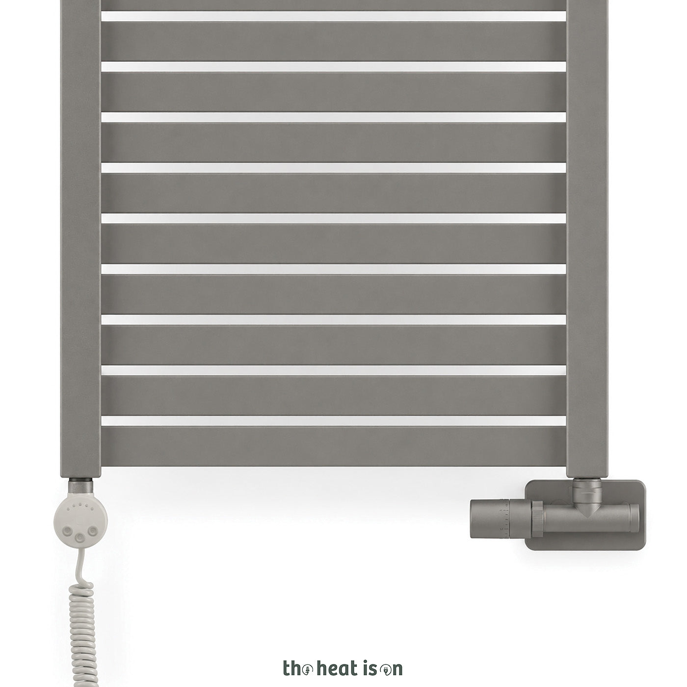 Thermostatic 50mm Radiator Valves (TRVs) with Immersion Tube (for Dual Fuel or Single Entry Point Radiator) & Pipe Masking, Inox Grey, LEFT SIDED, ANGLED, UNICO