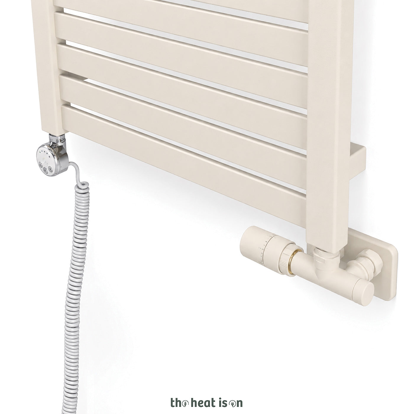 Thermostatic 50mm Radiator Valves (TRVs) with Immersion Tube (for Dual Fuel or Single Entry Point Radiator) & Pipe Masking, Sparkliing Cream, LEFT SIDED, ANGLED, UNICO
