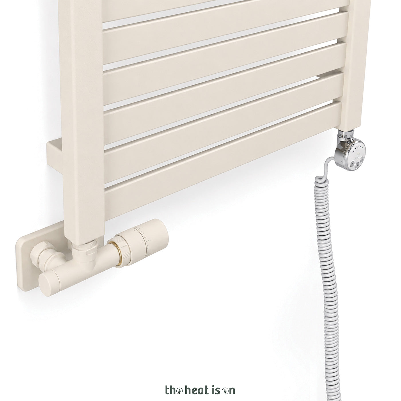 Thermostatic 50mm Radiator Valves (TRVs) with Immersion Tube (for Dual Fuel or Single Entry Point Radiator) & Pipe Masking, Sparkliing Cream, RIGHT SIDED, ANGLED, UNICO