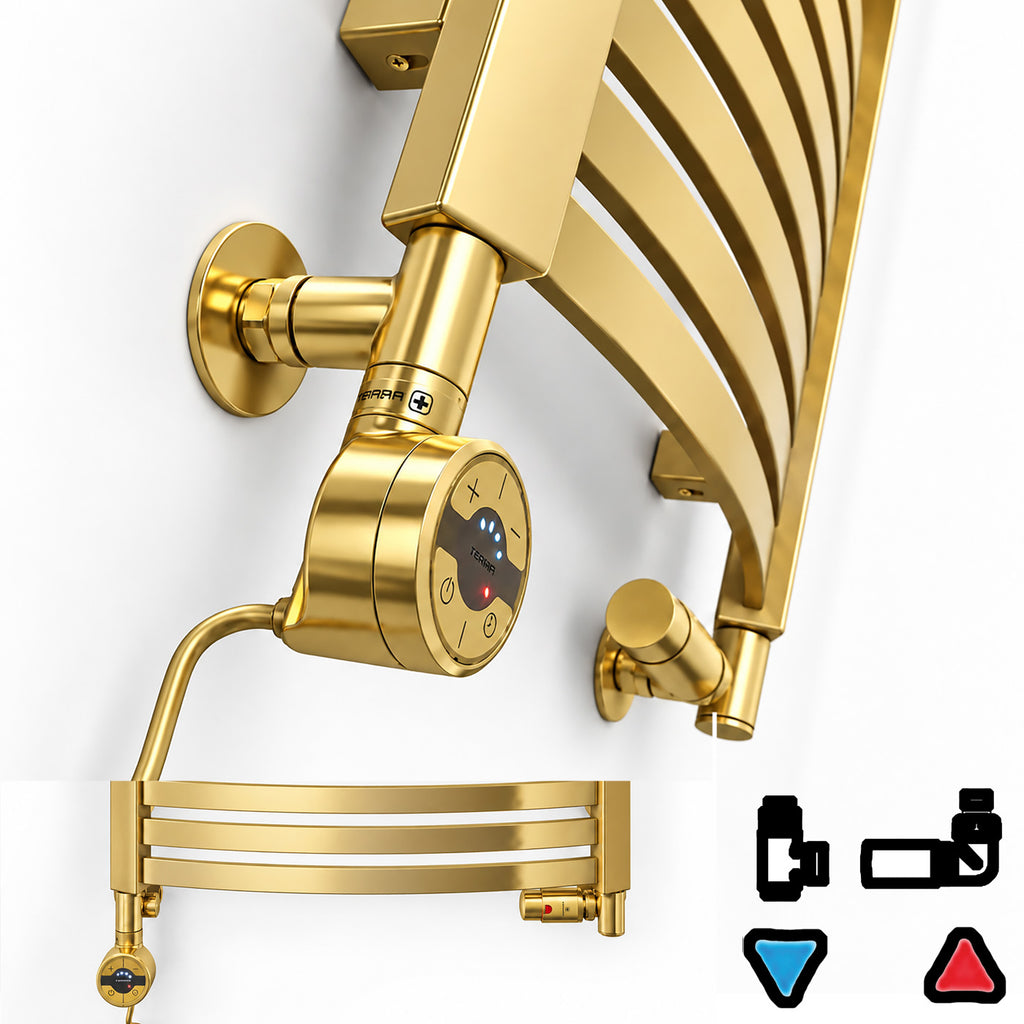 Thermostatic Radiator Valves (TRVs) with Integrated T Piece (for Dual Fuel) & Pipe Masking, Gold, RIGHT SIDED, 3 AXIS (CORNER), INTEGRA