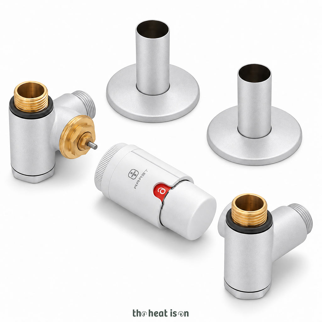 Thermostatic Radiator Valves (TRVs) with Integrated T Piece (for Dual Fuel) & Pipe Masking, Matt Silver, LEFT SIDED, 3 AXIS (CORNER), INTEGRA