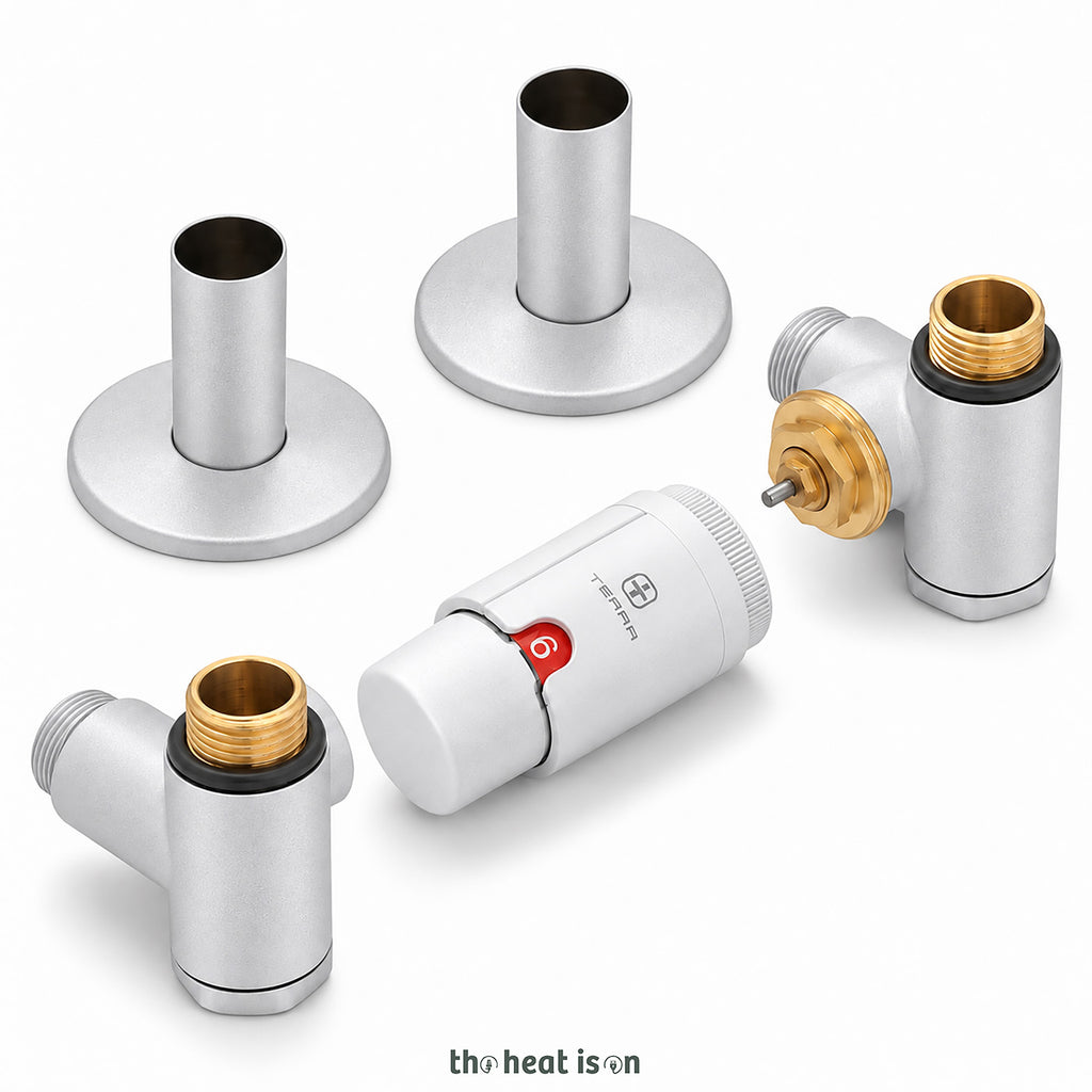 Thermostatic Radiator Valves (TRVs) with Integrated T Piece (for Dual Fuel) & Pipe Masking, Matt Silver, RIGHT SIDED, 3 AXIS (CORNER), INTEGRA