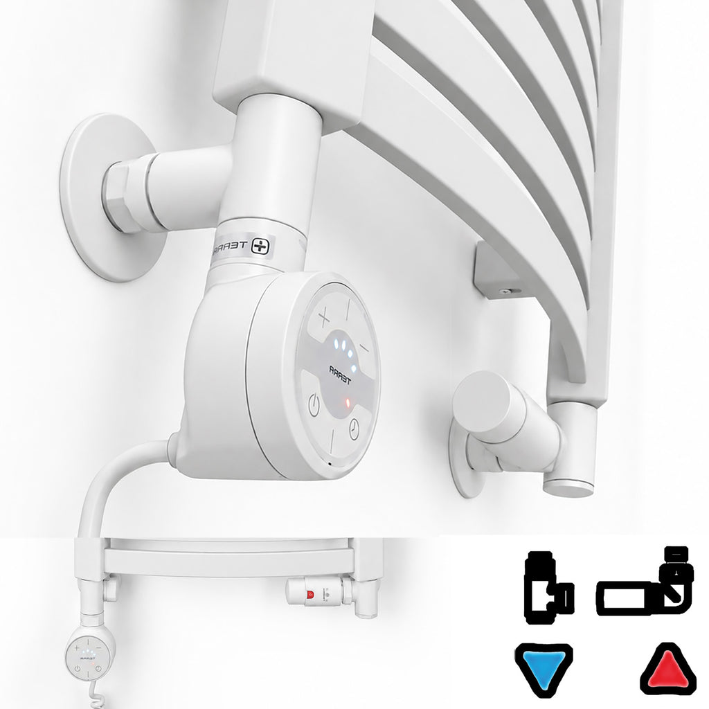 Thermostatic Radiator Valves (TRVs) with Integrated T Piece (for Dual Fuel) & Pipe Masking, Matt White RAL 9016, RIGHT SIDED, 3 AXIS (CORNER), INTEGRA