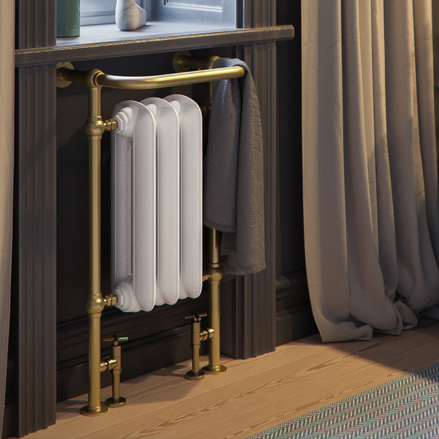 03_Terma-PLAIN-TOWEL-RAIL_-900h-x-490w_mm_-1217-BTUs_-Heated-Towel-Rail_-White-Soft-_Radiator_-_-Brass-_Surround