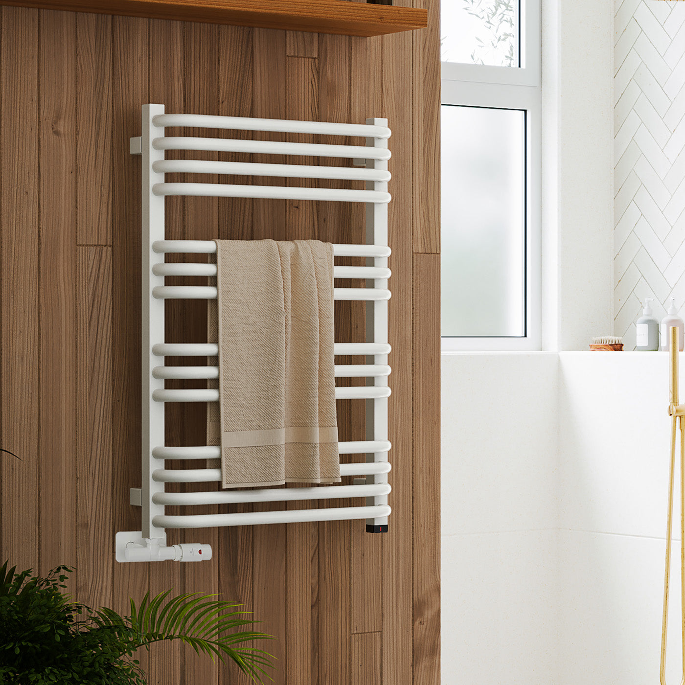 Terma ALEX ONE Dual Fuel Towel Rail, 760h x 500w(mm), 1406 BTUs/400w, Matt White RAL 9016 (with UNICO Dual Fuel Valve in Soft Matt White & Internal ONE Element (manual/optional IR controllable), 45/60°c)