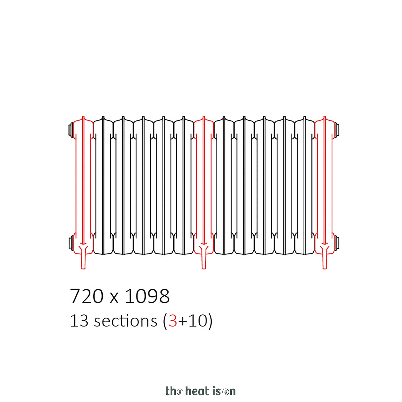 Terma KASZUB, 720h x 1098w(mm), 3276 BTUs, Floorstanding Horizontal Cast Iron Radiator, 13 sections, Antique Brass