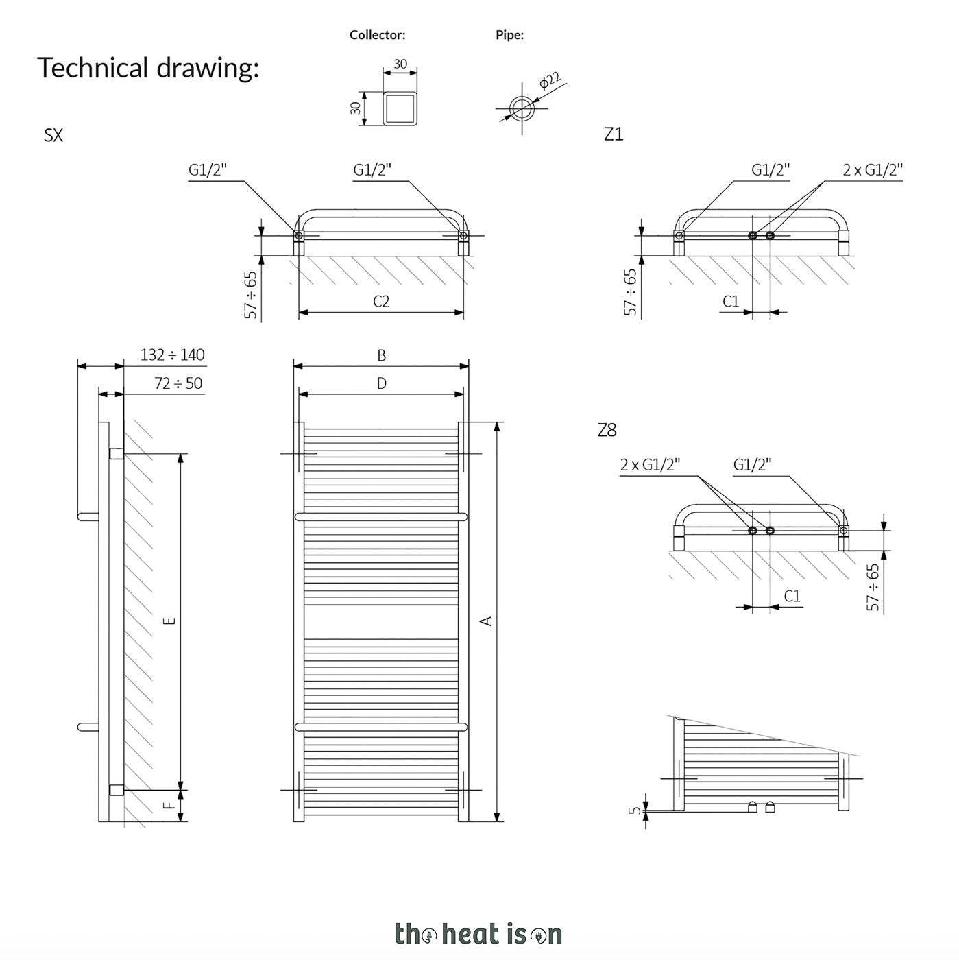 Terma LIMA, 500h x 1000w(mm), 1645 BTUs, Heated Towel Rail, Bright Copper