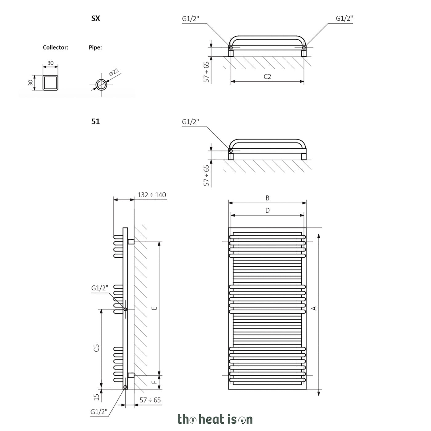 Terma POC 2, 1040h x 600w(mm), 2535 BTUs, Heated Towel Rail, RAL 9016 Matt White