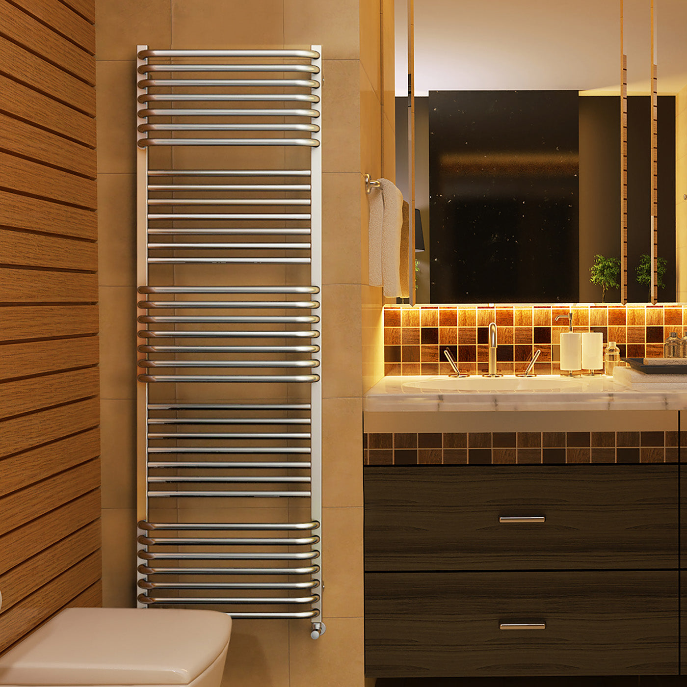 Terma POLA, 1580h x 600w(mm), 3620 BTUs, Heated Towel Rail, Chrome