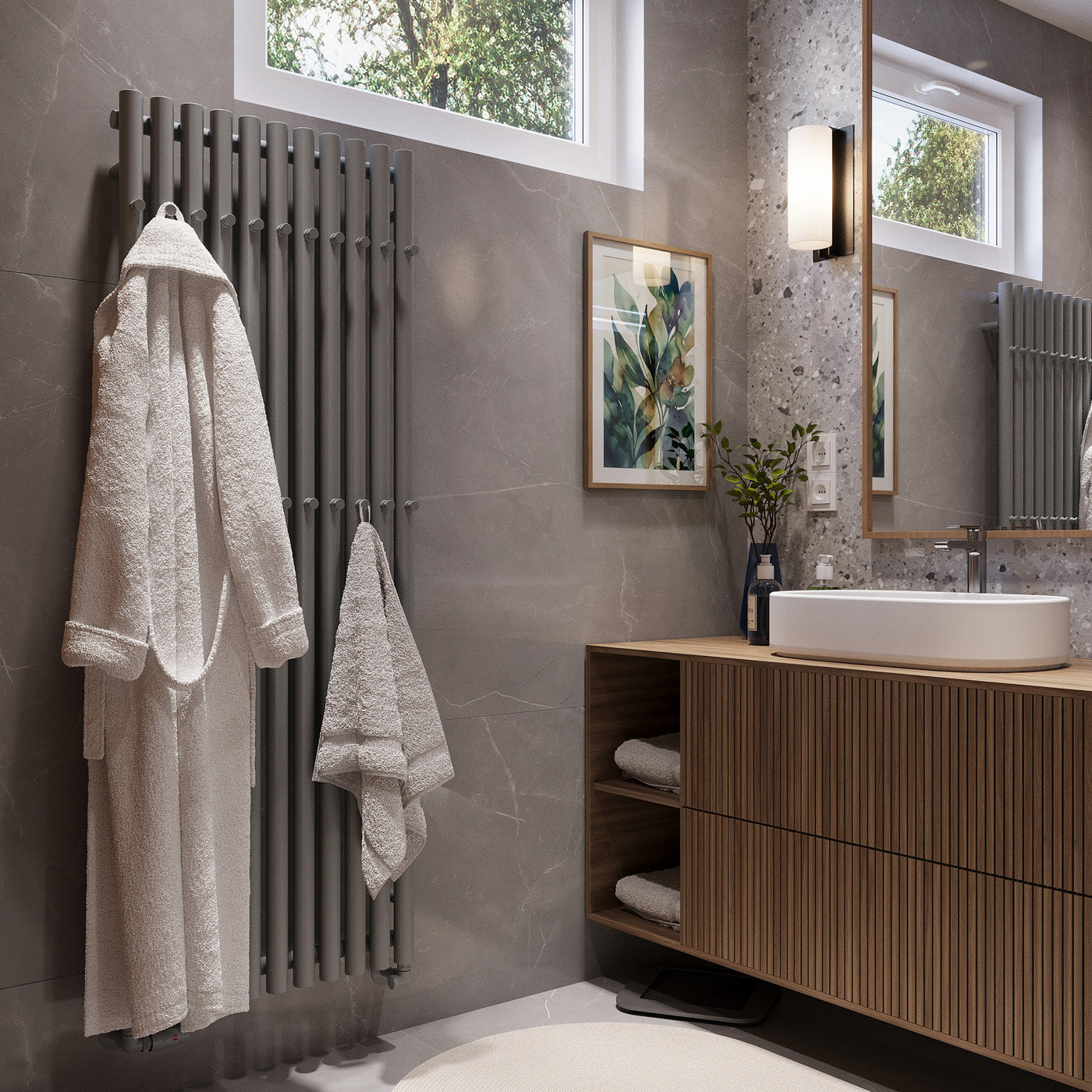 Terma ROLO HANGER (Double Hanger Rows), 1600h x 590w(mm), 3876 BTUs, Vertical Designer Radiator, RAL 7004 Matt Signal Grey
