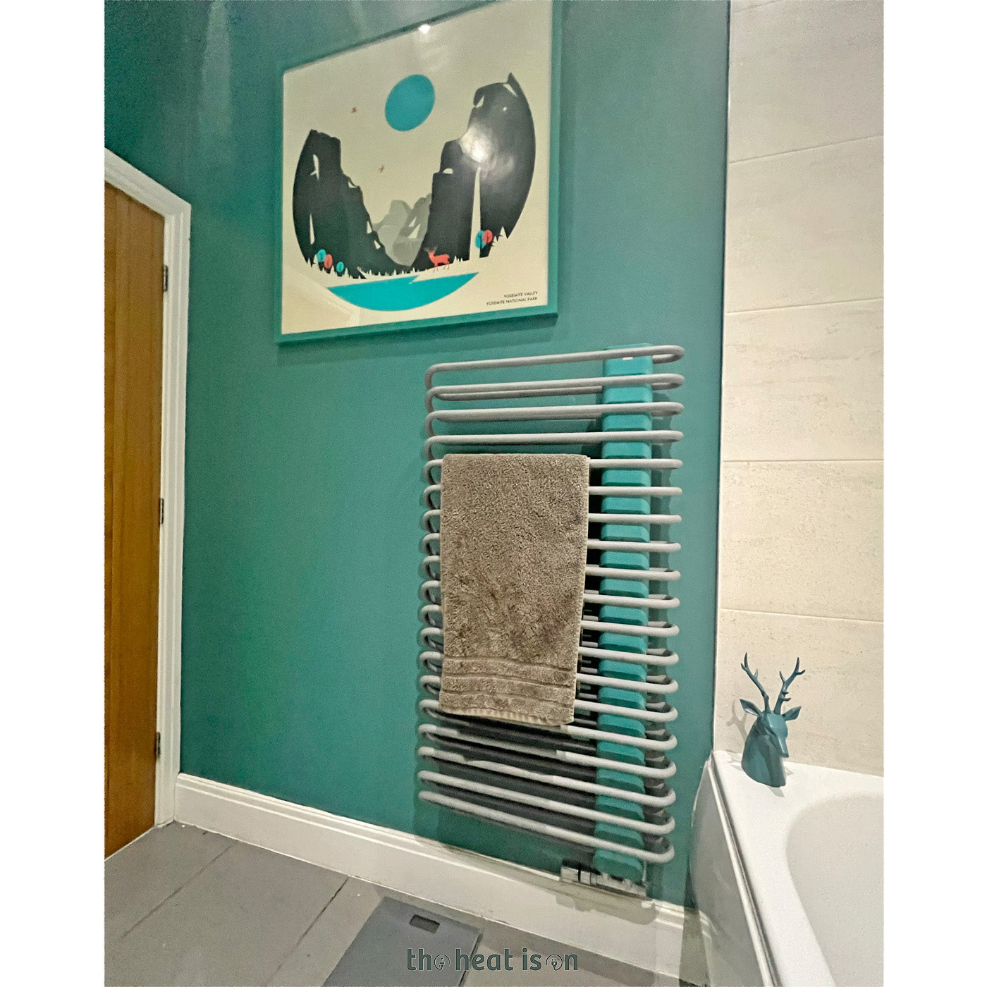 Terma MICHELLE, 1200h x 600w(mm), 2018 BTUs, Heated Towel Rail, Salt n Pepper (Bars) / RAL 5018 Teal (Masking)