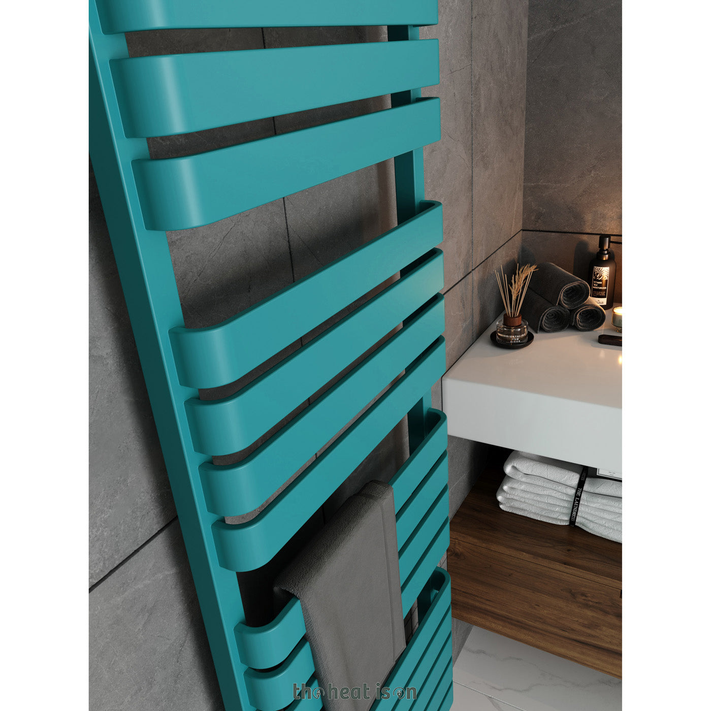 04-terma-warp-t-one-dual-fuel-towel-rail-1695Xh-x-500wmm-2887-btus-800w-matt-teal-ral-5018-with-unico-dual-fuel-valve-in-chrome-internal-one-element-45-60oc