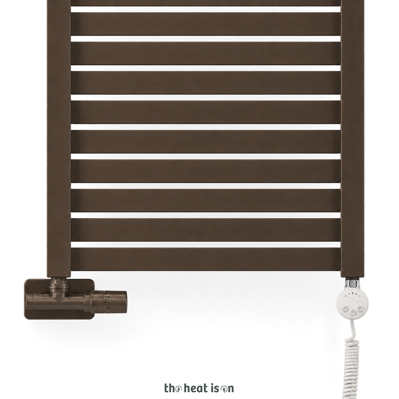 Thermostatic 50mm Radiator Valves (TRVs) with Immersion Tube (for Dual Fuel or Single Entry Point Radiator) & Pipe Masking, Dark Bronze, RIGHT SIDED, ANGLED, UNICO