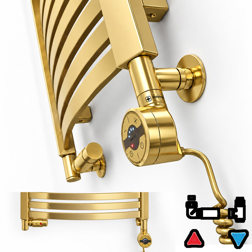 Thermostatic Radiator Valves (TRVs) with Integrated T Piece (for Dual Fuel) & Pipe Masking, Gold, LEFT SIDED, 3 AXIS (CORNER), INTEGRA