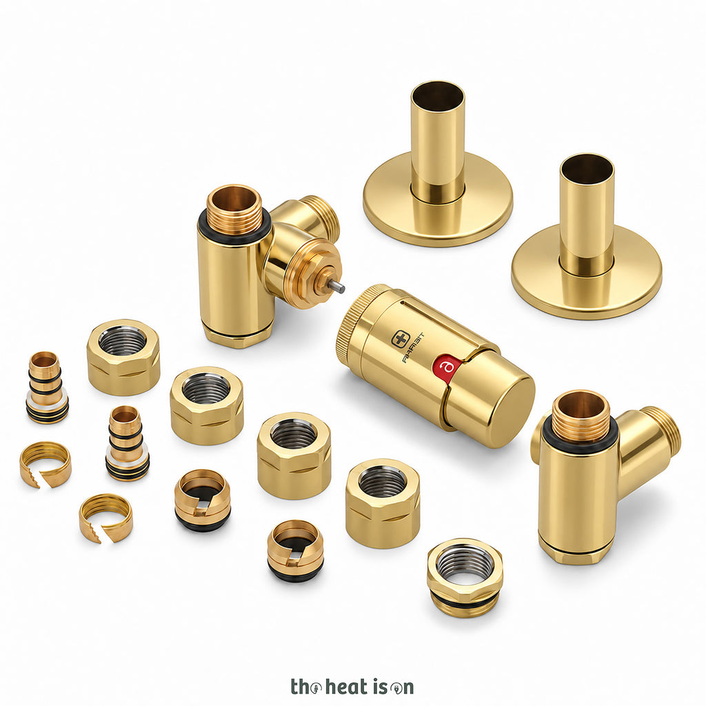 Thermostatic Radiator Valves (TRVs) with Integrated T Piece (for Dual Fuel) & Pipe Masking, Gold, RIGHT SIDED, 3 AXIS (CORNER), INTEGRA