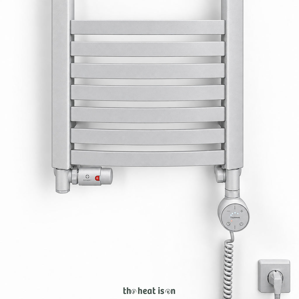 Thermostatic Radiator Valves (TRVs) with Integrated T Piece (for Dual Fuel) & Pipe Masking, Matt Silver, LEFT SIDED, 3 AXIS (CORNER), INTEGRA