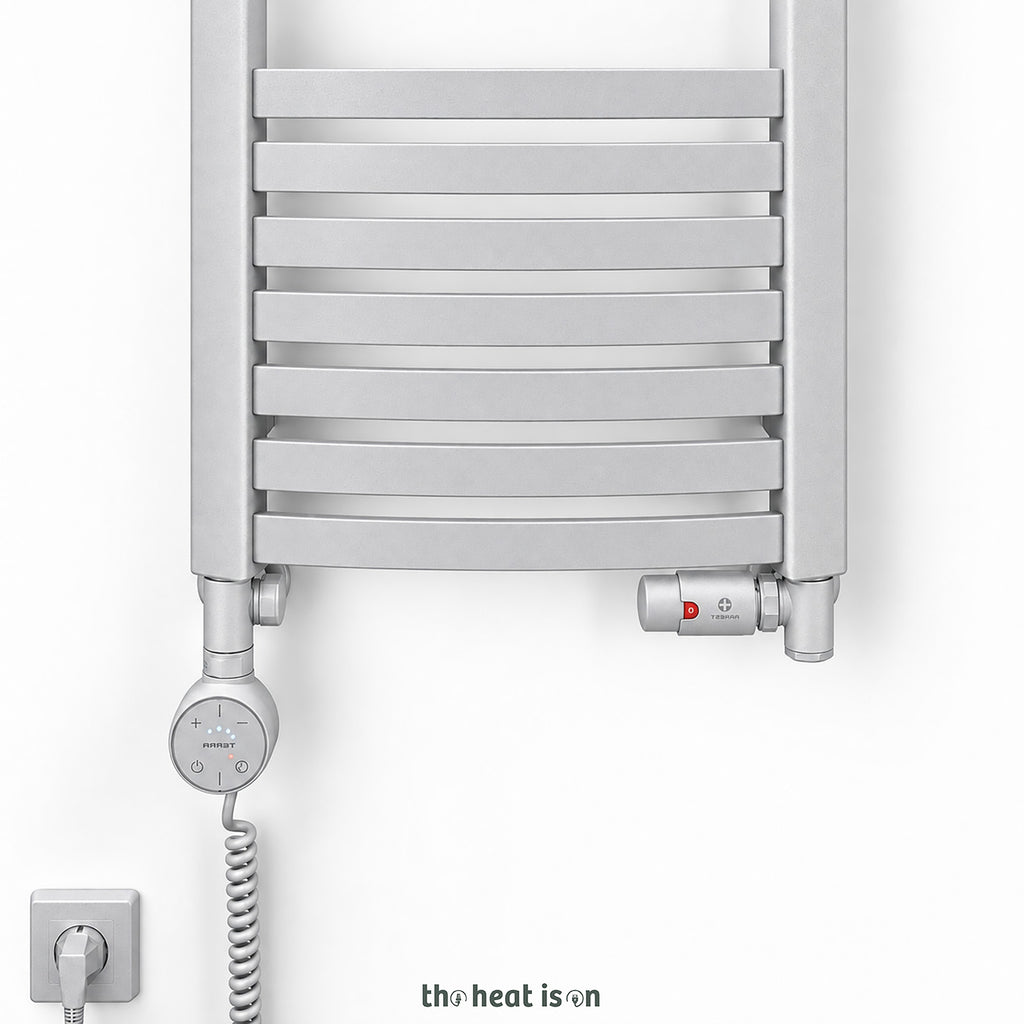 Thermostatic Radiator Valves (TRVs) with Integrated T Piece (for Dual Fuel) & Pipe Masking, Matt Silver, RIGHT SIDED, 3 AXIS (CORNER), INTEGRA