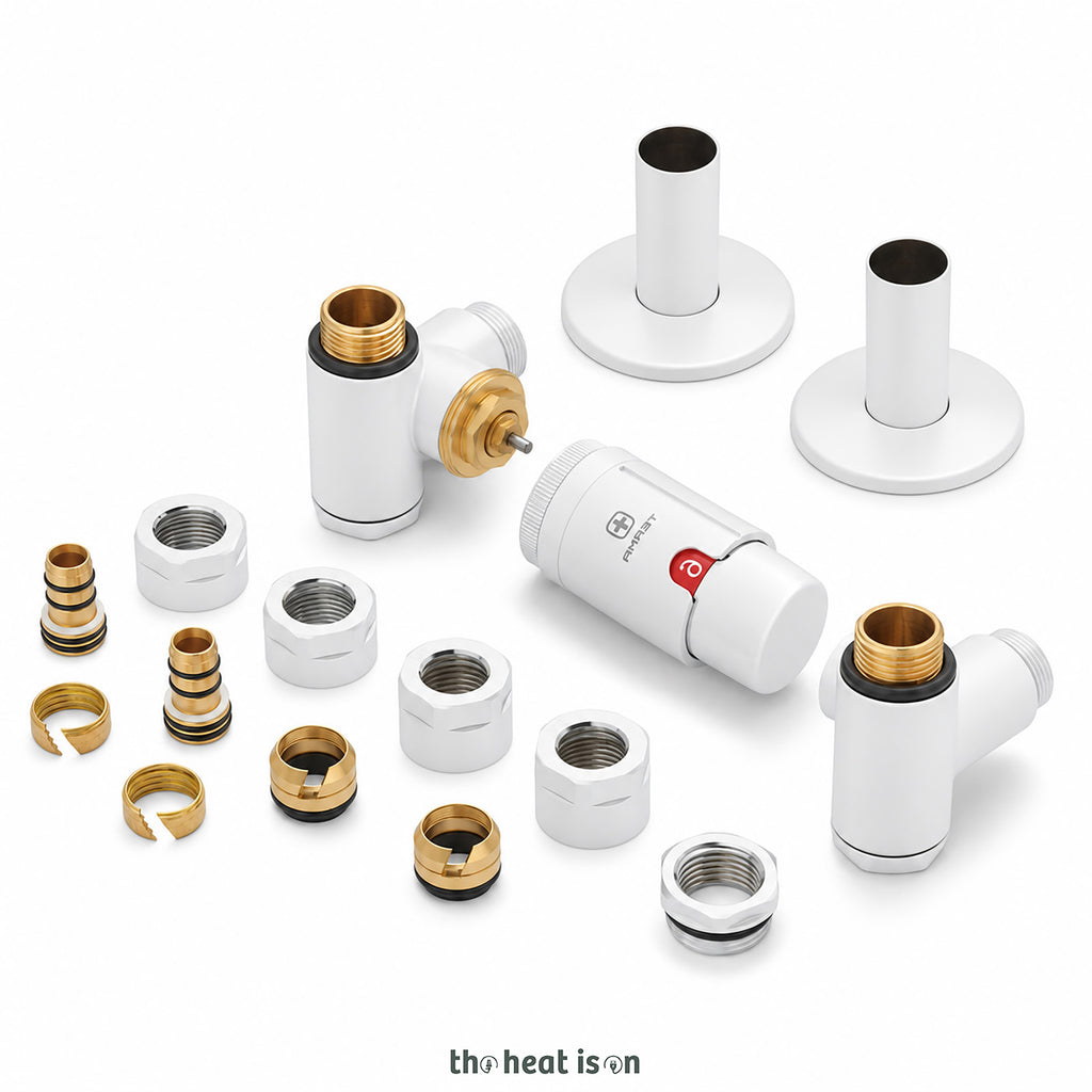 Thermostatic Radiator Valves (TRVs) with Integrated T Piece (for Dual Fuel) & Pipe Masking, Matt White RAL 9016, LEFT SIDED, 3 AXIS (CORNER), INTEGRA