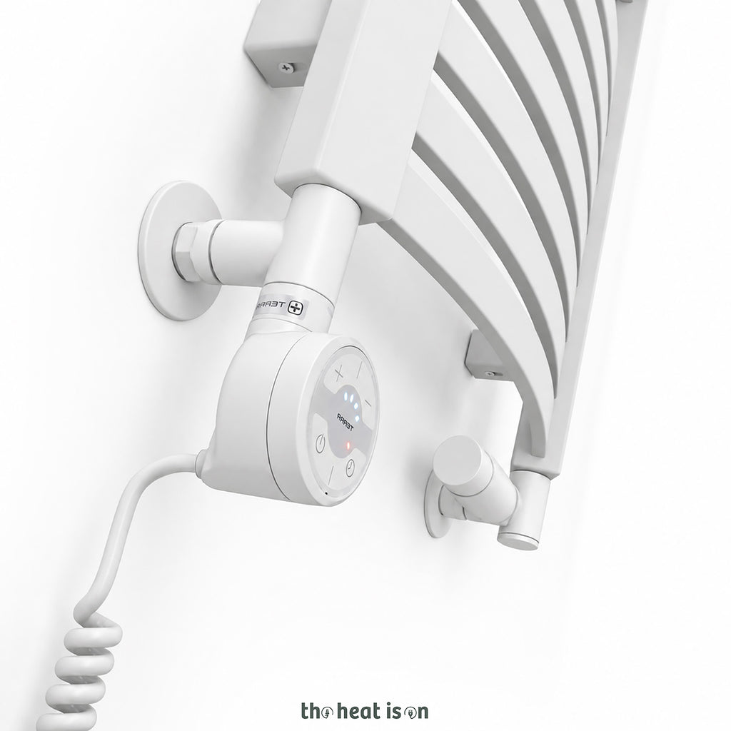 Thermostatic Radiator Valves (TRVs) with Integrated T Piece (for Dual Fuel) & Pipe Masking, Matt White RAL 9016, RIGHT SIDED, 3 AXIS (CORNER), INTEGRA