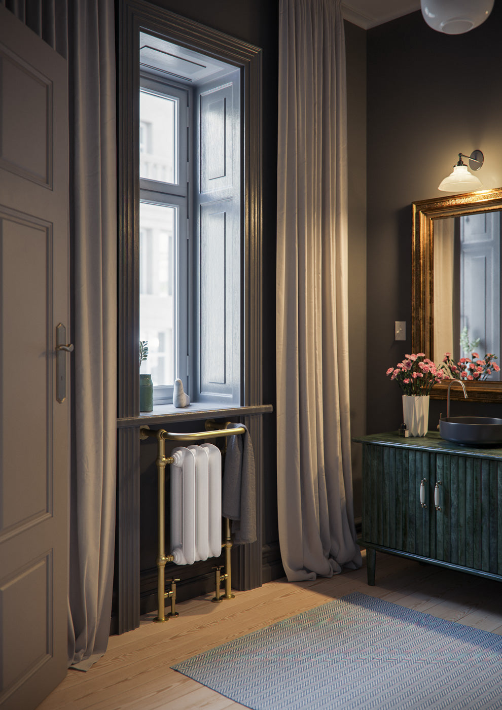 04_Terma-PLAIN-TOWEL-RAIL_-900h-x-490w_mm_-1217-BTUs_-Heated-Towel-Rail_-White-Soft-_Radiator_-_-Brass-_Surround