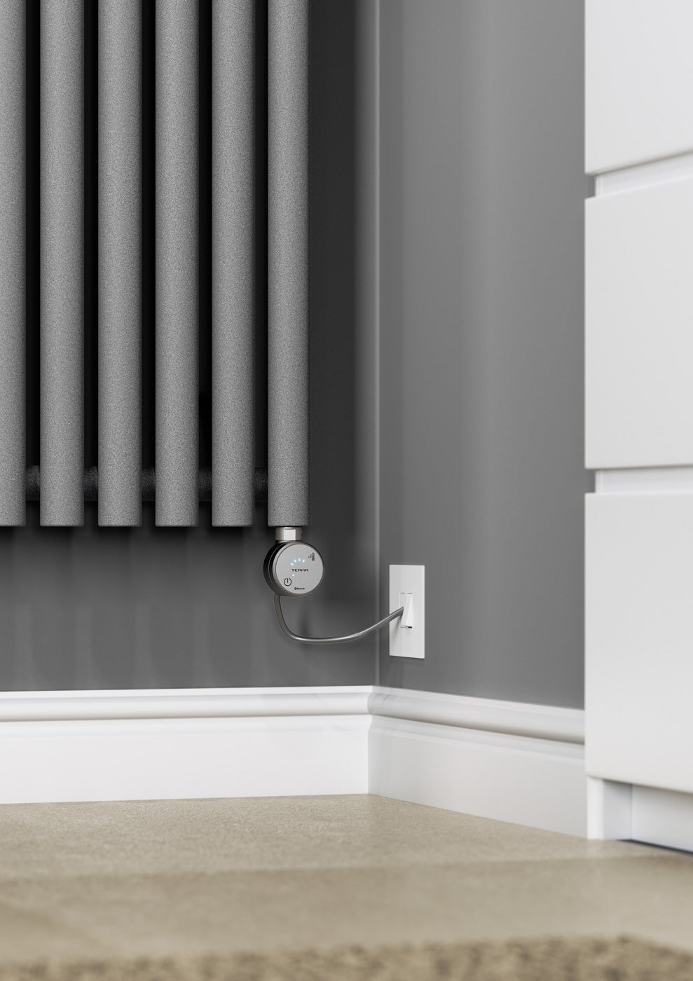 04_Terma-ROLO-ROOM-E-_Bluetooth_-1800h-x-480w_mm_-1-Kw-Electric-Radiator_-Textured-Salt-n-Pepper-Grey