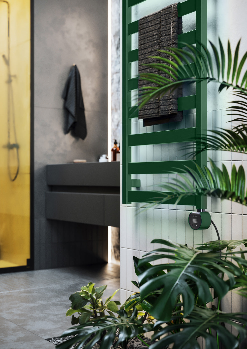 04_Terma-VIVO-_Wi-Fi_-15-28-deg._-1630h-x-500w_mm_-600w-Electric-Towel-Rail_-Matt-Green-_RAL-6028_-_matching-colour-element