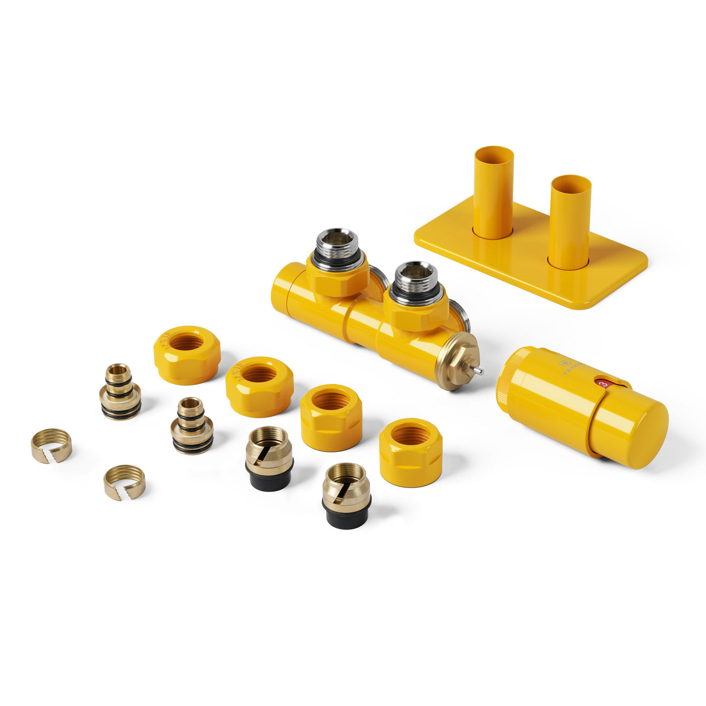 04_Thermostatic-50mm-Radiator-Valves-_TRVs_-_-Pipe-Masking_-Mustard-_RAL-1004_-RIGHT-SIDED-ANGLED_-TWINS