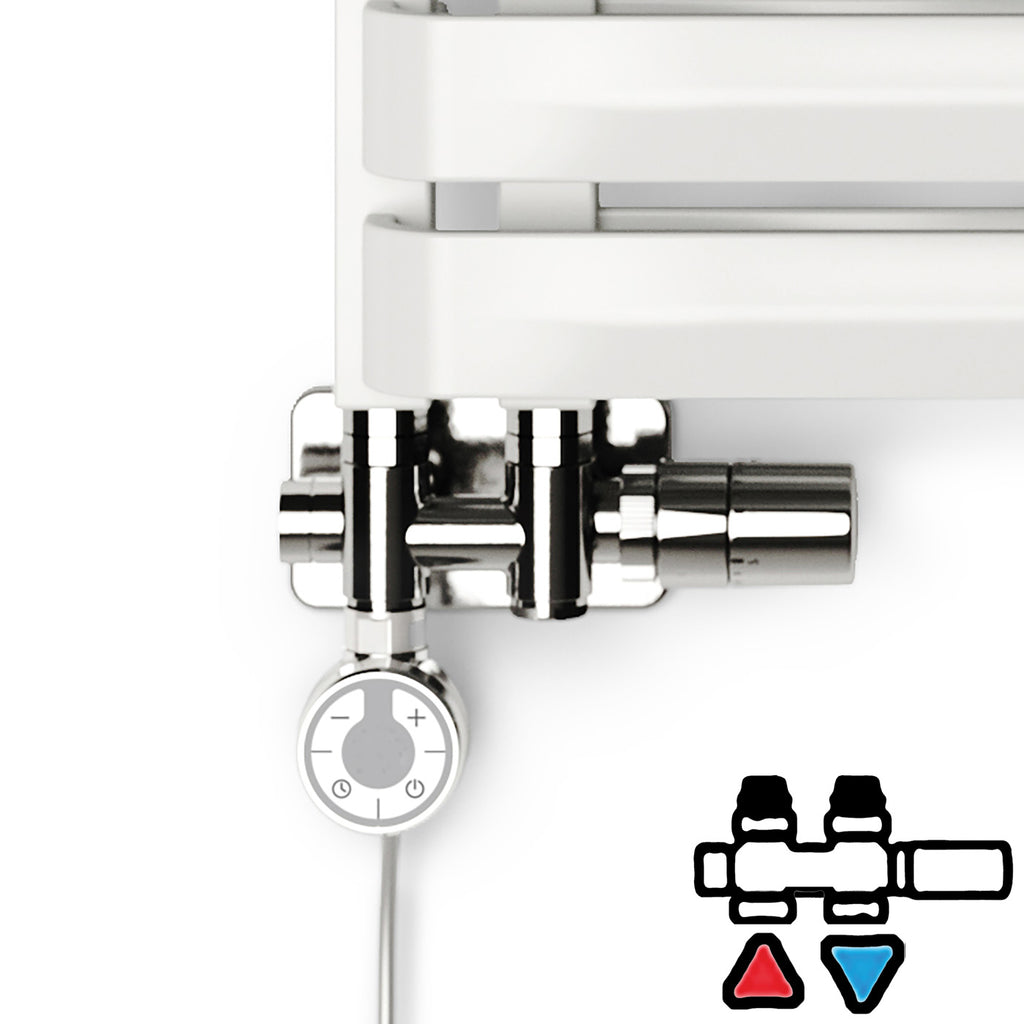 Chrome Dual Fuel Towel Rail Valves 3 Axis (Corner) Right