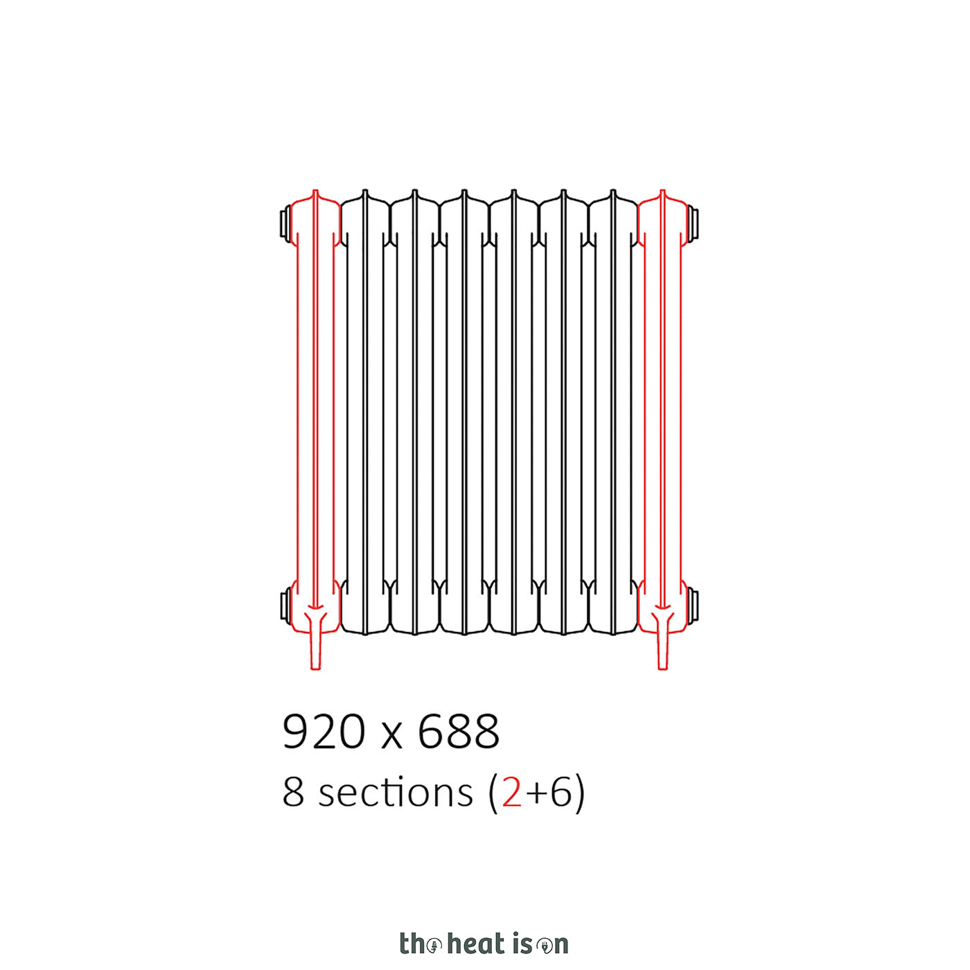 Terma KASZUB, 920h x 688w(mm), 3276 BTUs, Floorstanding Horizontal Cast Iron Radiator, 8 sections, Raw Metal