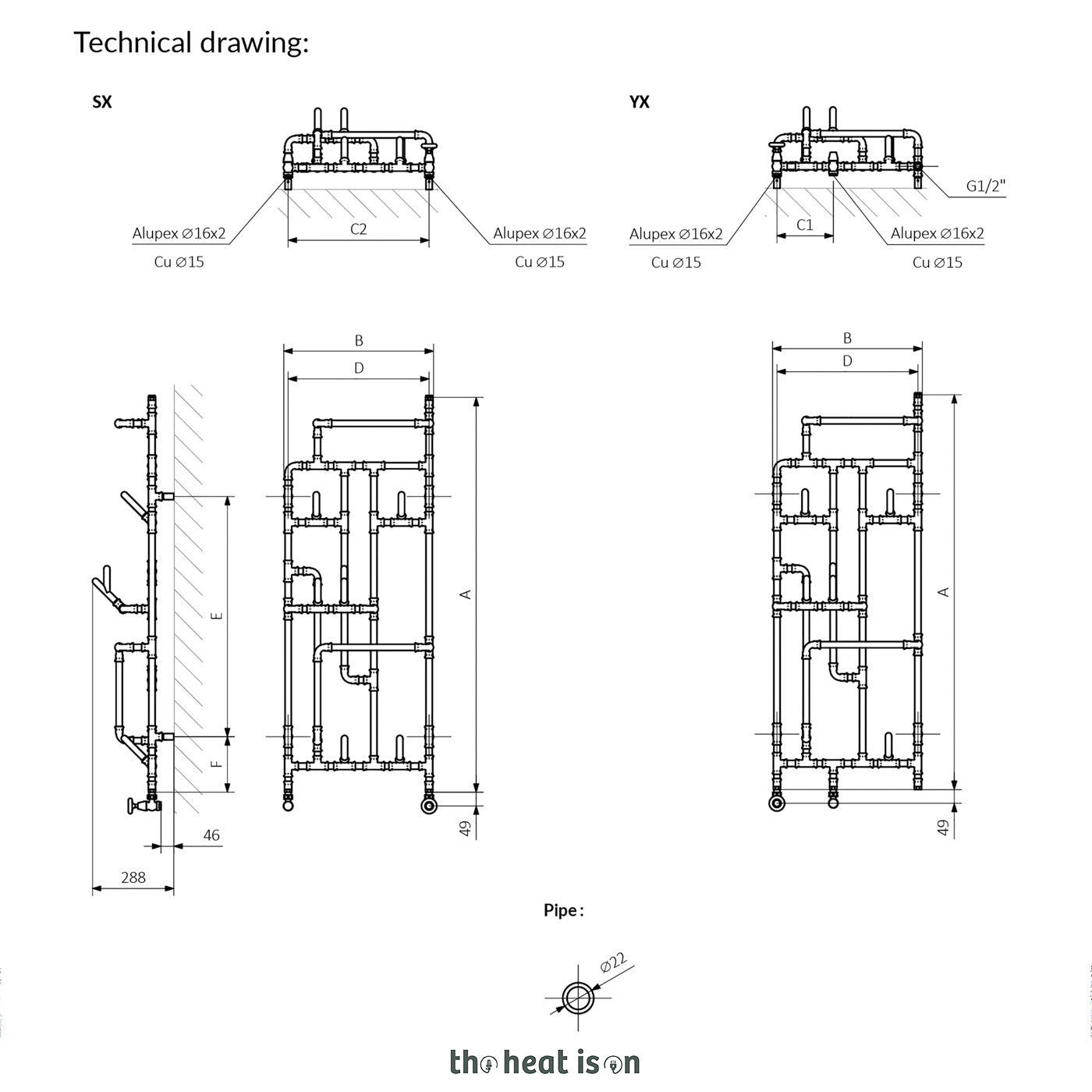 Terma PAJAK, 1400h x 531w(mm), 1447 BTUs, Vertical Designer Radiator, Raw Copper