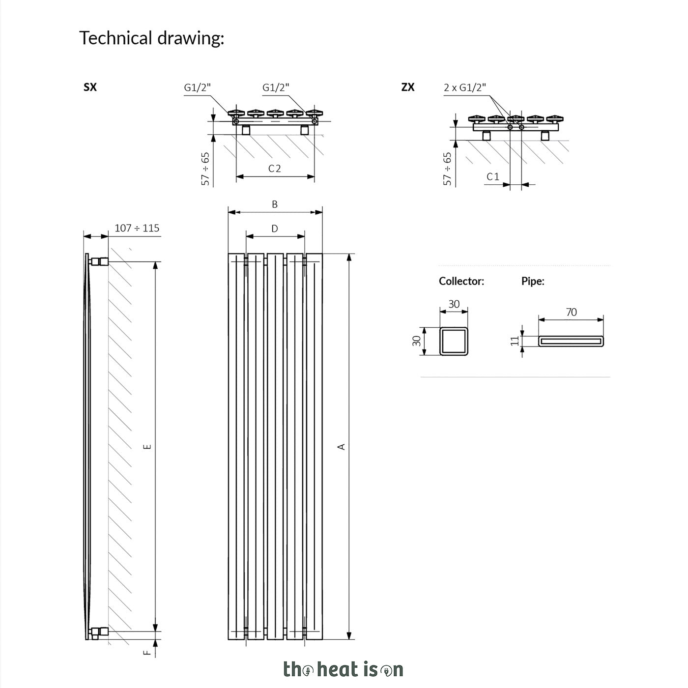 Terma PIER, 1680h x 410w(mm), 2344 BTUs, Vertical Designer Radiator, Sparkling Grey