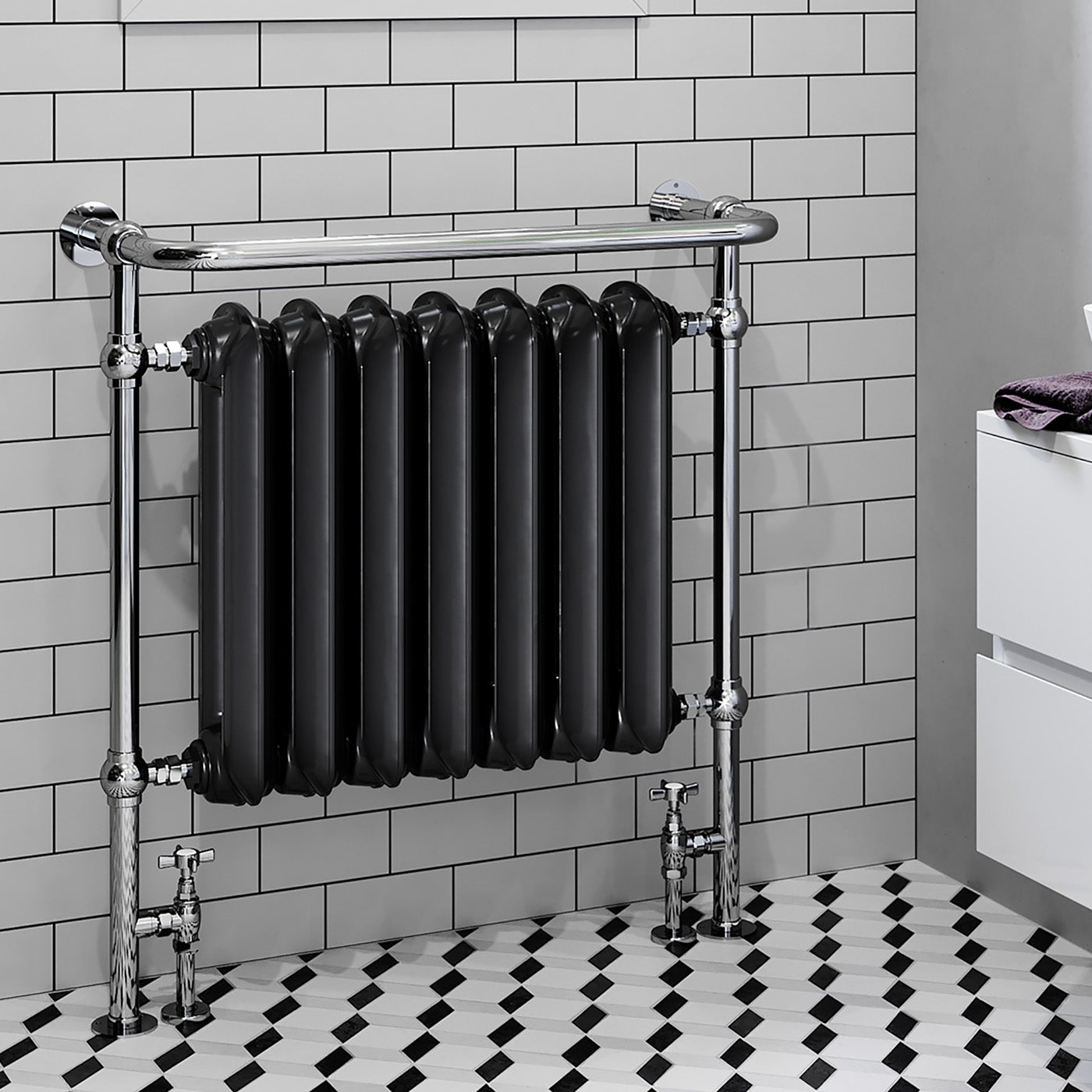 Terma PLAIN TOWEL RAIL, 900h x 820w(mm), 2846 BTUs, Cast Iron Heated Towel Rail, Flat Black (Radiator) Chrome (Surround)