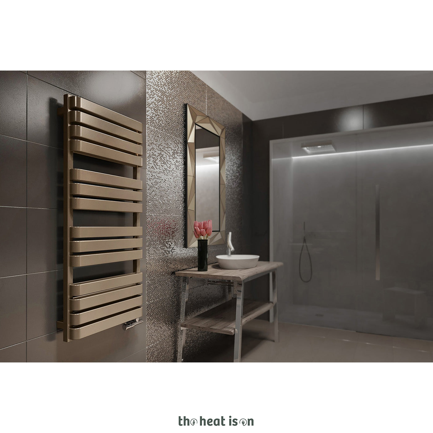 Terma WARP T BOLD, 1110h x 500w(mm), 2661 BTUs, Heated Towel Rail, RAL 8000 Matt Green Brown
