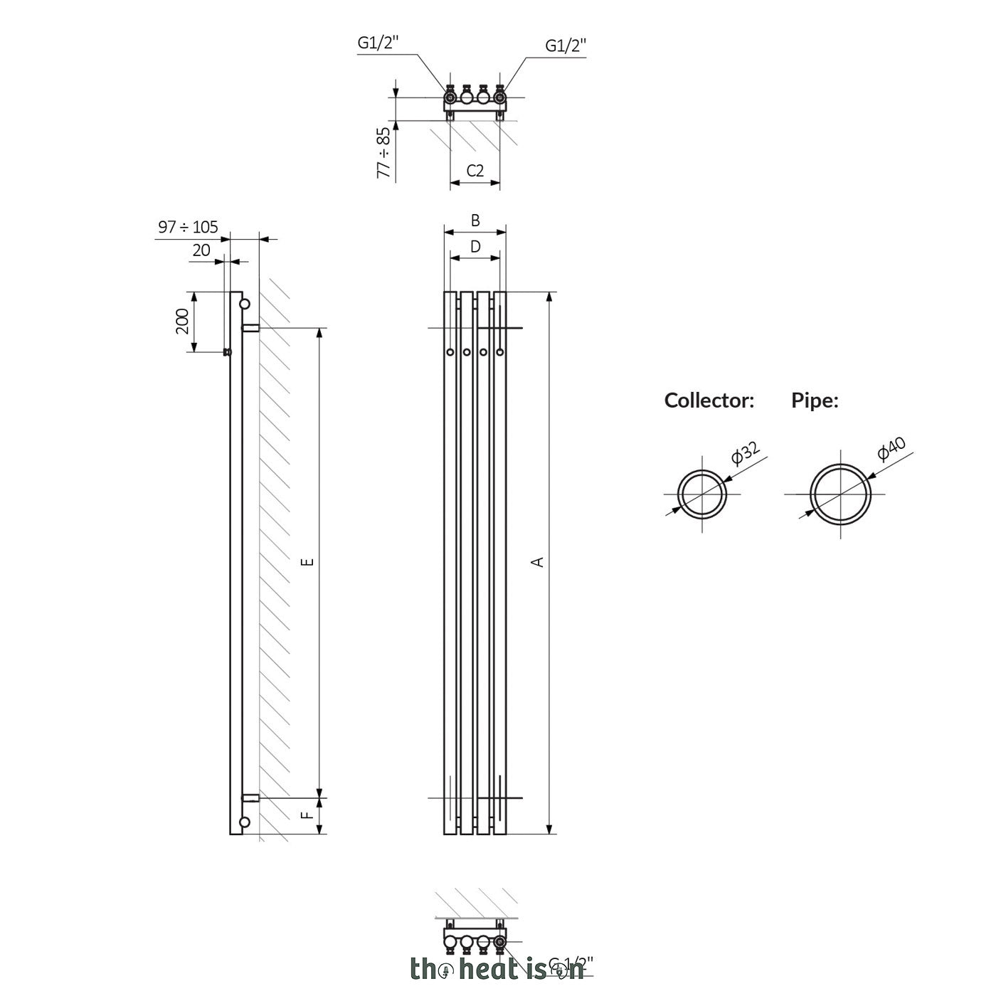 Terma ROLO HANGER, 1800h x 95w(mm), 808 BTUs Vertical Radiator, Dark Bronze
