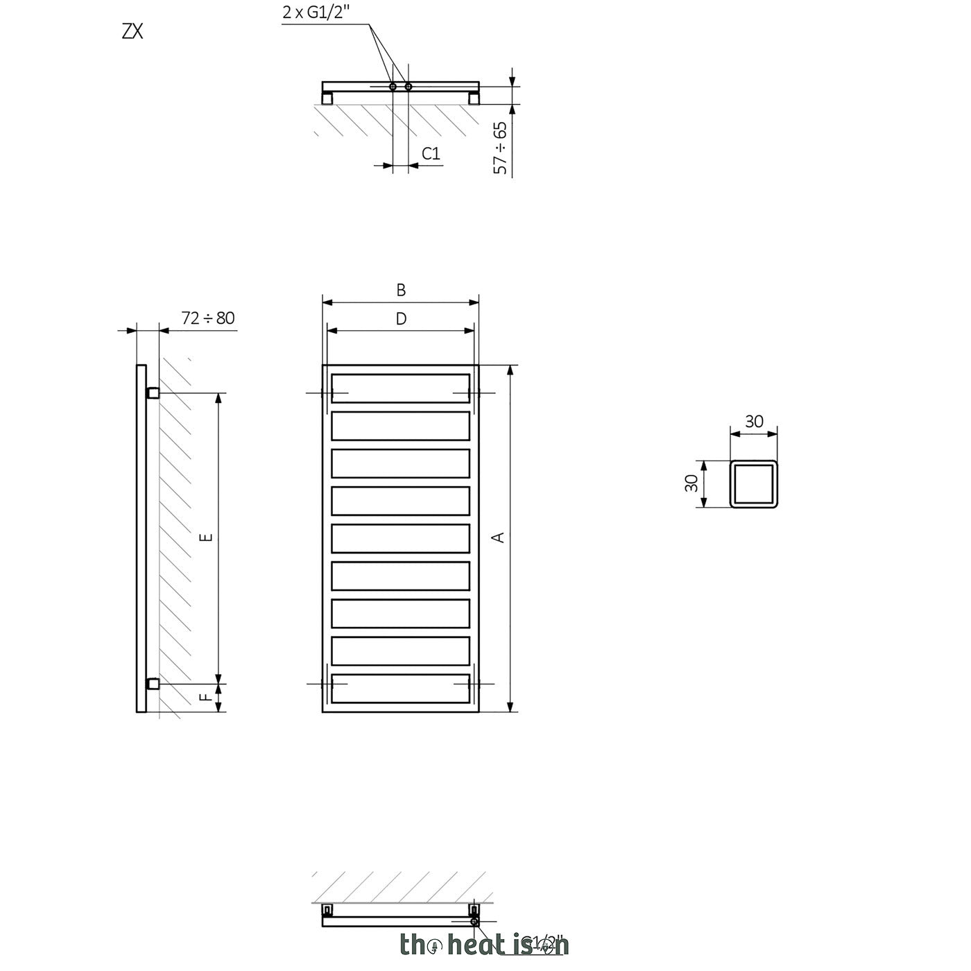 Terma GRID, 990h x 500w(mm), 1351 BTUs Heated Towel Rail, 50mm Central Connections, Super Matt Soft RAL 9005  Black