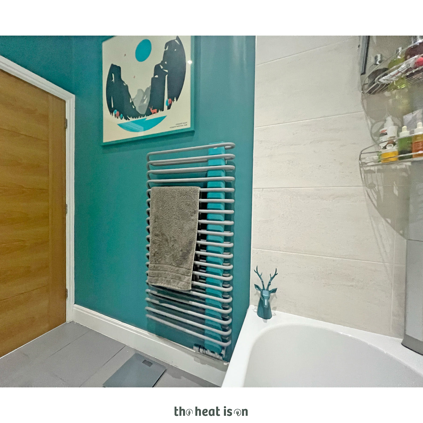Terma MICHELLE, 1200h x 600w(mm), 2018 BTUs, Heated Towel Rail, Salt n Pepper (Bars) / RAL 5018 Teal (Masking)