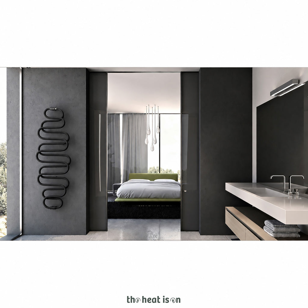 Terma PERLA E, 1760h x 600w(mm), 455w Dry Electric Towel Rail (with heating wire), RAL 9005 Matt Black (simple on/off button, no timer/no drying func.)