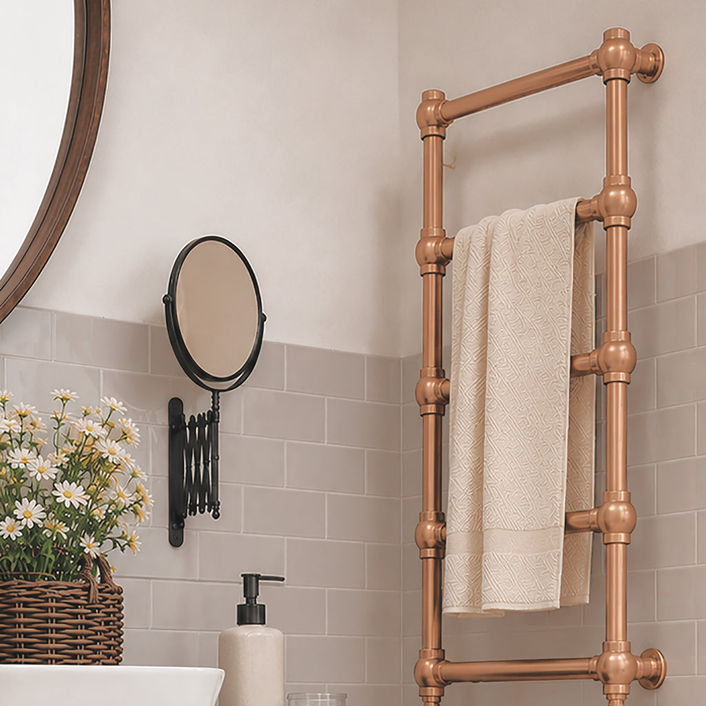 Terma RETRO E, 800h x 504w(mm), 200w Oil Filled Electric Towel Rail,  Bright Copper  with VEO Heating Element (30x Wi-Fi/manual control settings (15 to 30¡c room temp.), 7 day timer/2 hour drying func., with UK Plug