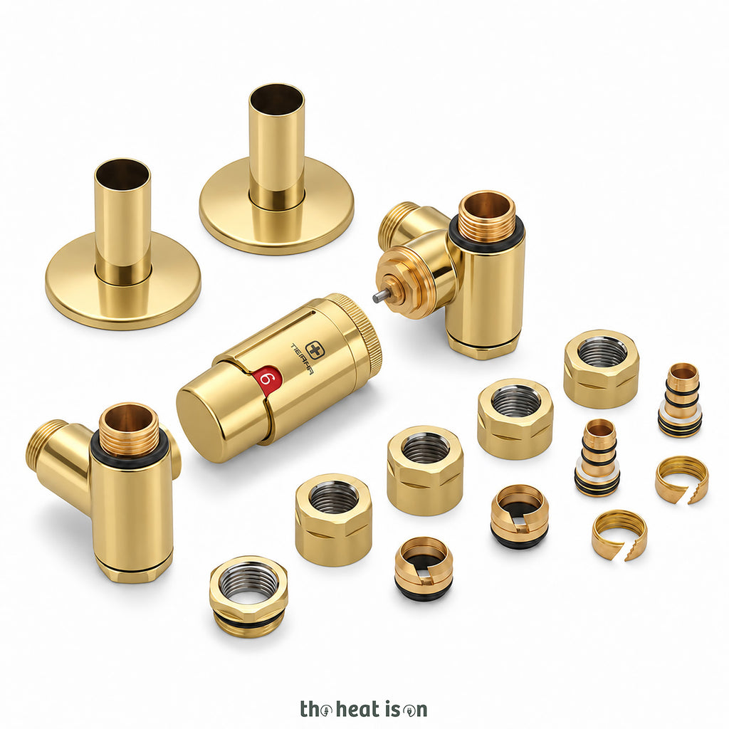 Thermostatic Radiator Valves (TRVs) with Integrated T Piece (for Dual Fuel) & Pipe Masking, Gold, LEFT SIDED, 3 AXIS (CORNER), INTEGRA