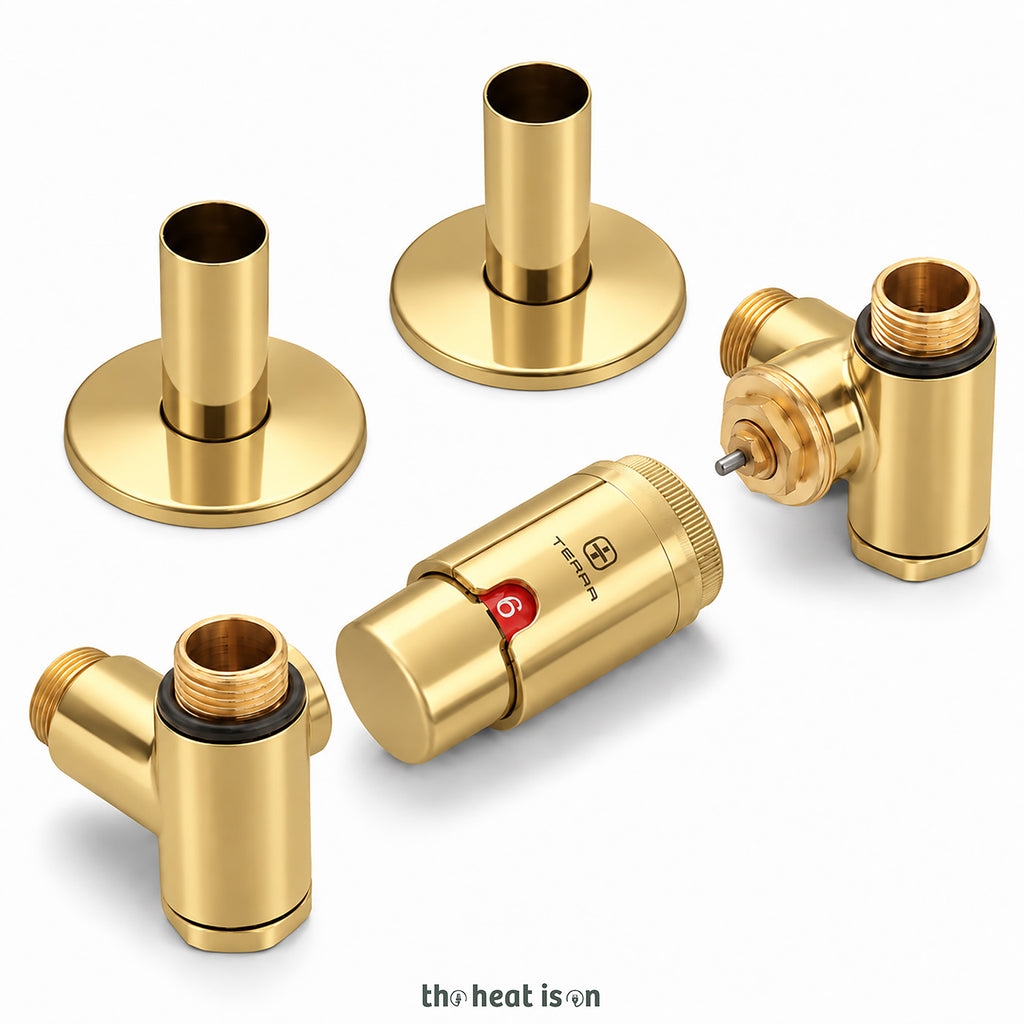 Thermostatic Radiator Valves (TRVs) with Integrated T Piece (for Dual Fuel) & Pipe Masking, Gold, RIGHT SIDED, 3 AXIS (CORNER), INTEGRA