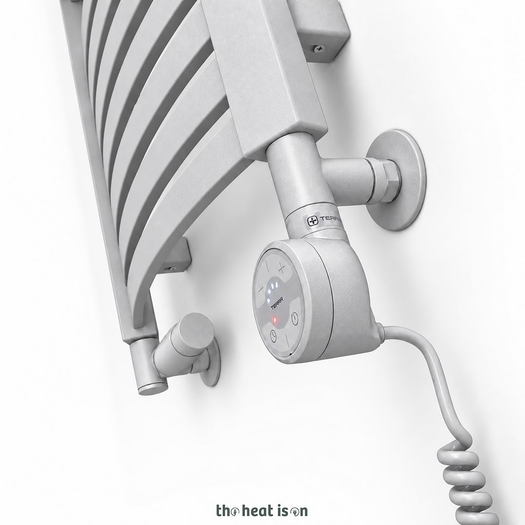 Thermostatic Radiator Valves (TRVs) with Integrated T Piece (for Dual Fuel) & Pipe Masking, Matt Silver, LEFT SIDED, 3 AXIS (CORNER), INTEGRA