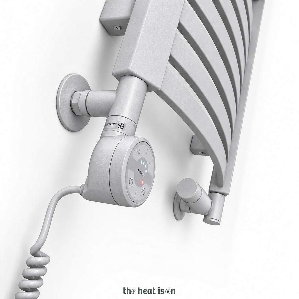Thermostatic Radiator Valves (TRVs) with Integrated T Piece (for Dual Fuel) & Pipe Masking, Matt Silver, RIGHT SIDED, 3 AXIS (CORNER), INTEGRA