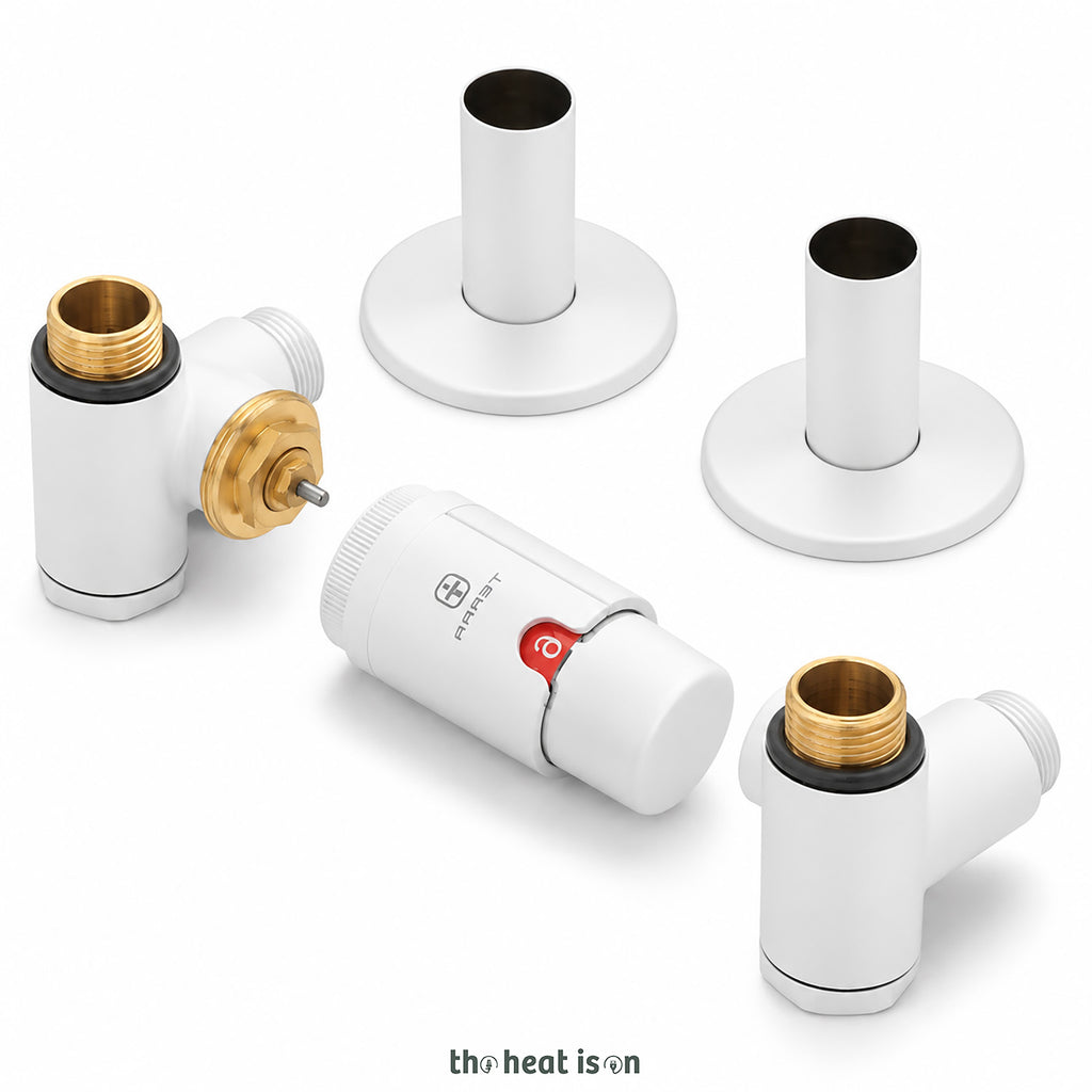 Thermostatic Radiator Valves (TRVs) with Integrated T Piece (for Dual Fuel) & Pipe Masking, Matt White RAL 9016, LEFT SIDED, 3 AXIS (CORNER), INTEGRA