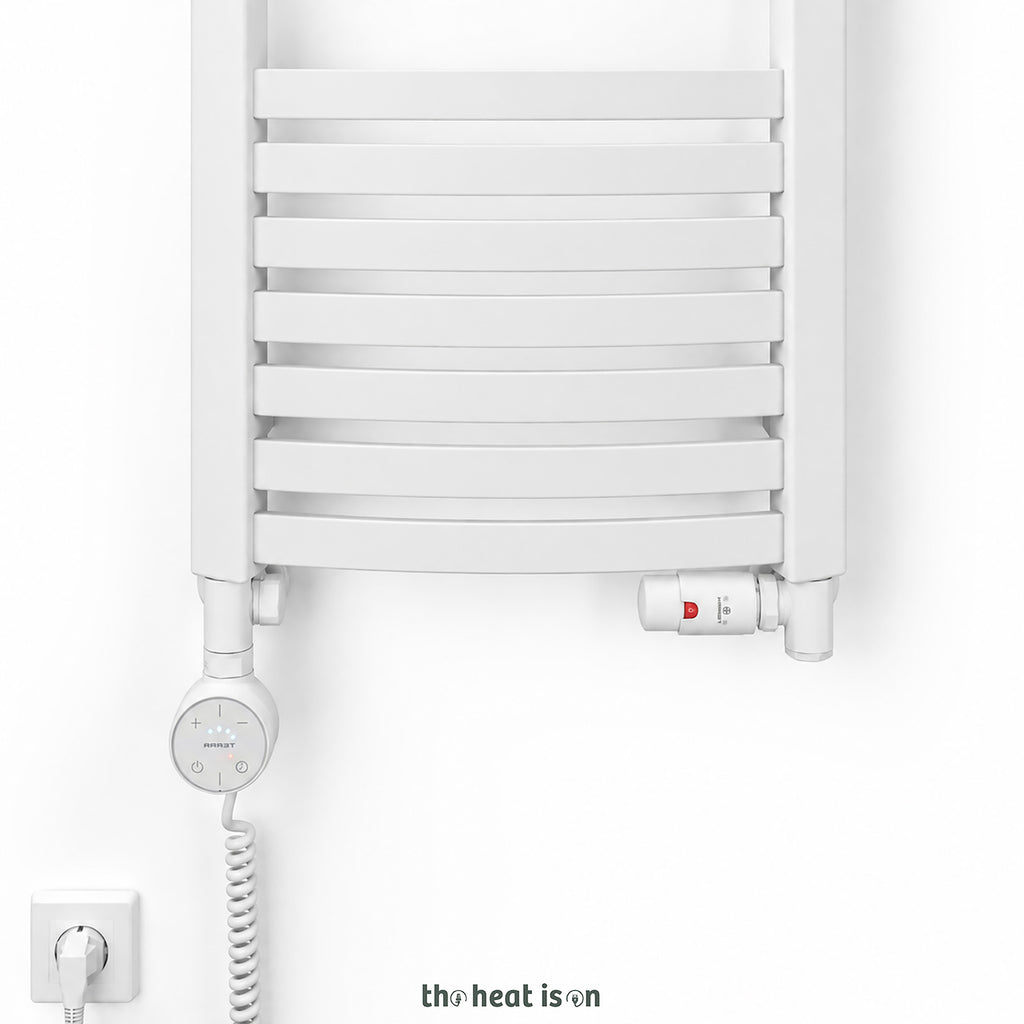 Thermostatic Radiator Valves (TRVs) with Integrated T Piece (for Dual Fuel) & Pipe Masking, Matt White RAL 9016, RIGHT SIDED, 3 AXIS (CORNER), INTEGRA