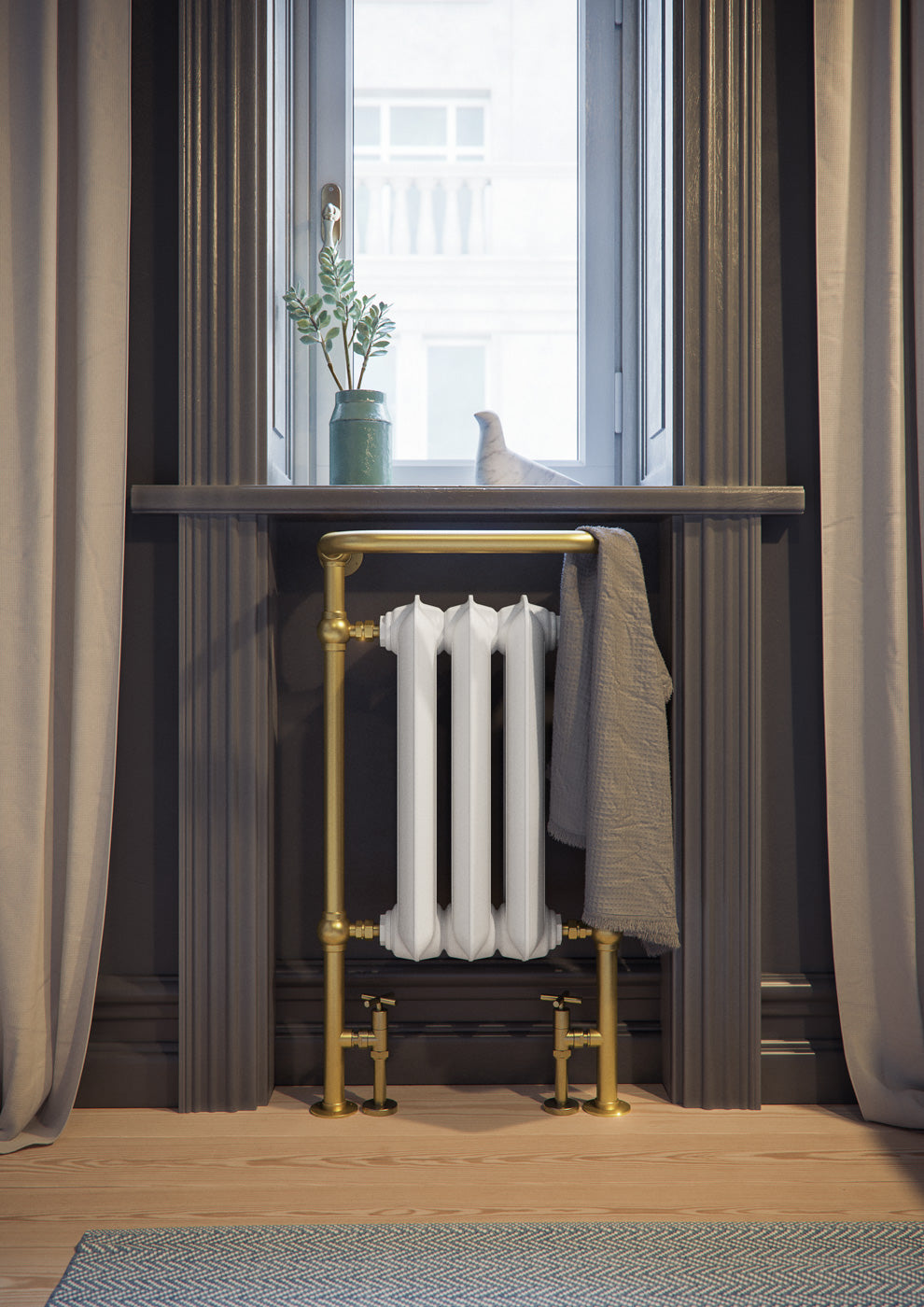 05_Terma-PLAIN-TOWEL-RAIL_-900h-x-490w_mm_-1217-BTUs_-Heated-Towel-Rail_-White-Soft-_Radiator_-_-Brass-_Surround