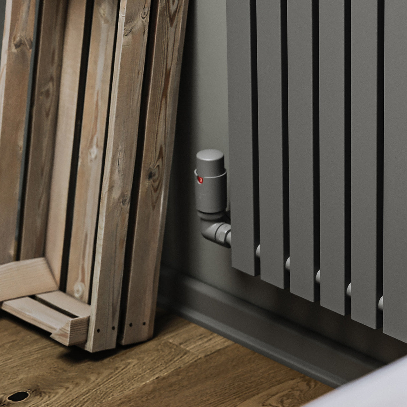 Grey Thermostatic Radiator Valves TRVs & Pipes Corner Right